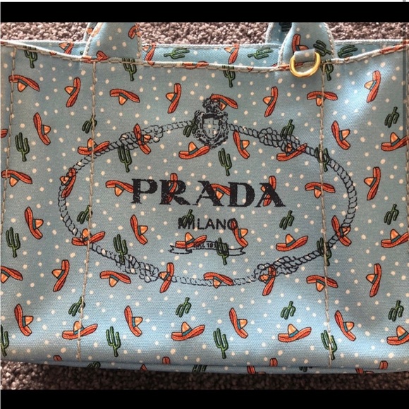 PRADA - Sombrero Print Small Canapa Tote Bag -RARE - Picture 4 of 14